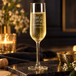 Gepersonaliseerd champagneflûte van glas met witte gravering