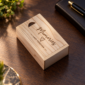 Houten USB-doosje (licht hout) met halve cirkel uitsparing, geschikt om te graveren met voorbeeldgravure